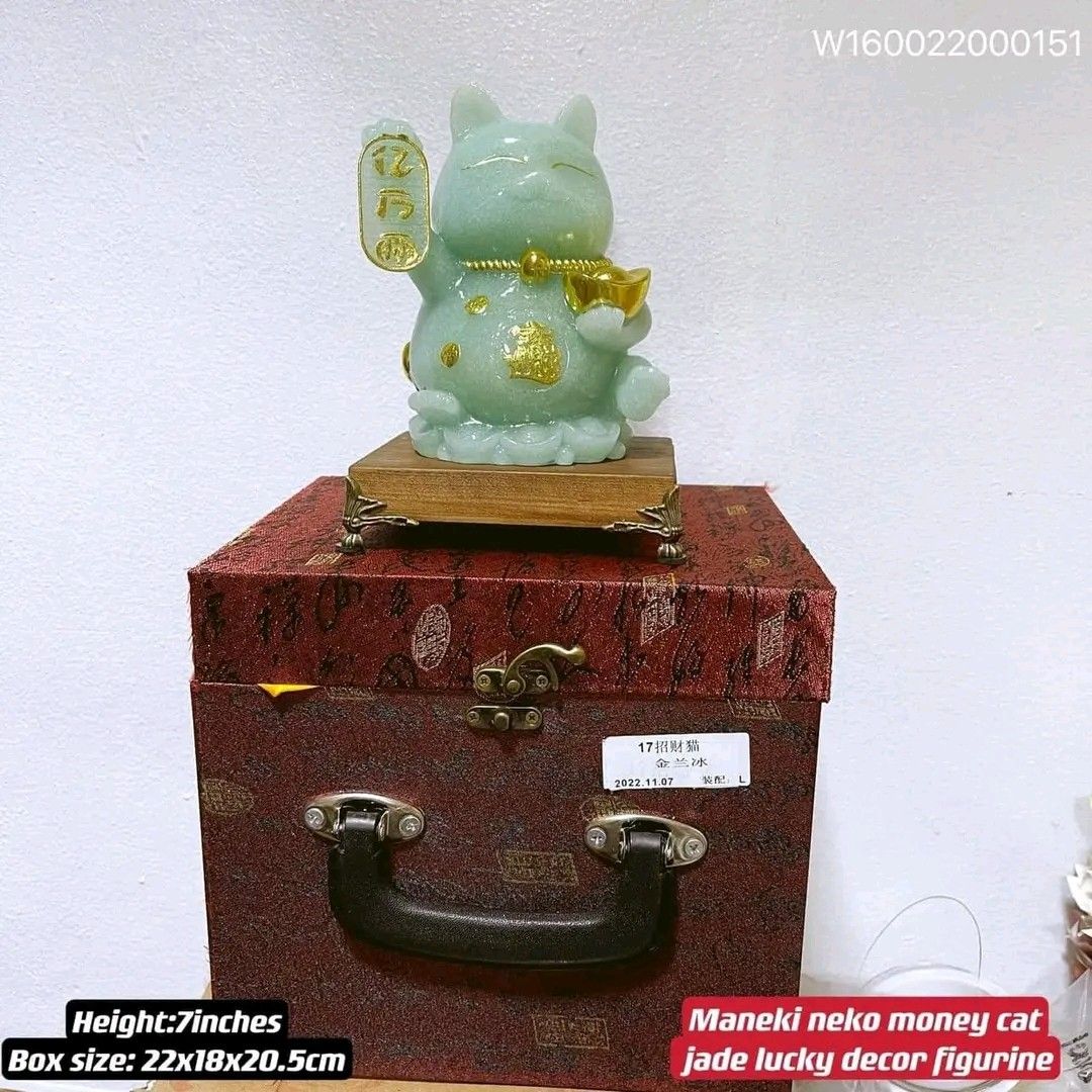 Maneki neko money cat jade decor (Category: Other Home Decor) located in Manila. Submitted by delynonlineshopping_ (Listing ID 1268600419, Image 3). Description: Best seller💥💥💥 🌈maneki neko money cat ice jade lucky decor charm figurine🌈 💪 Maneki-Neko fortune moneycat: : symbolism Wealth and prosperity. It also known as the lucky cat or fortune cat, is a figurine depicting a cat that is believed to bring good luck to its owners. It is typica