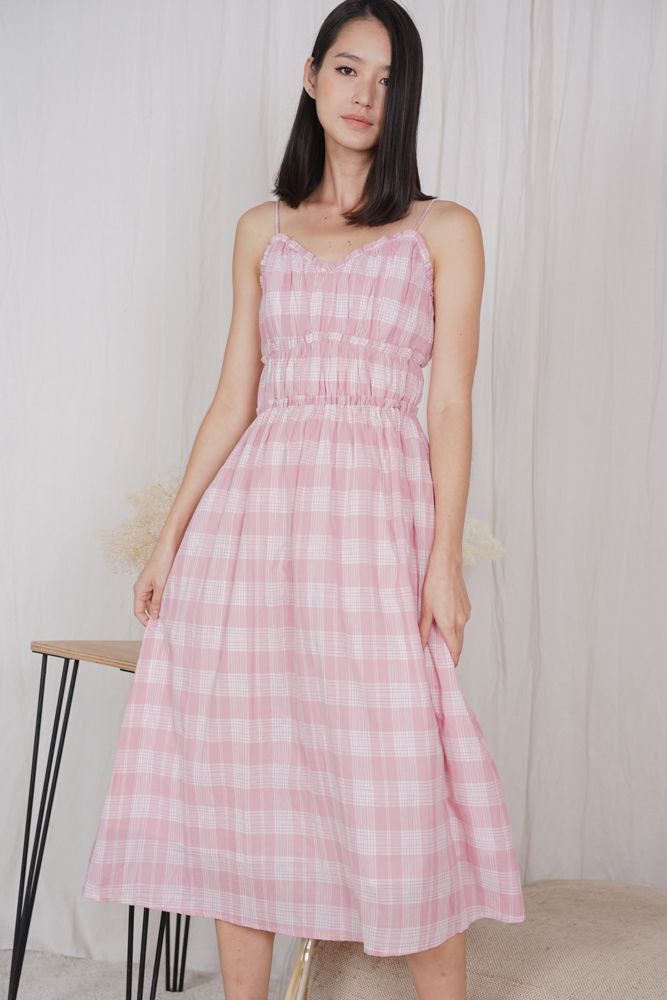 MDS Angelique Gathered Dress in Pink Checks Women s Fashion