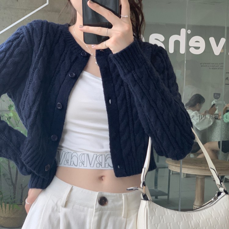 Navy Chunky Rib Knit Button Down Cardigan
