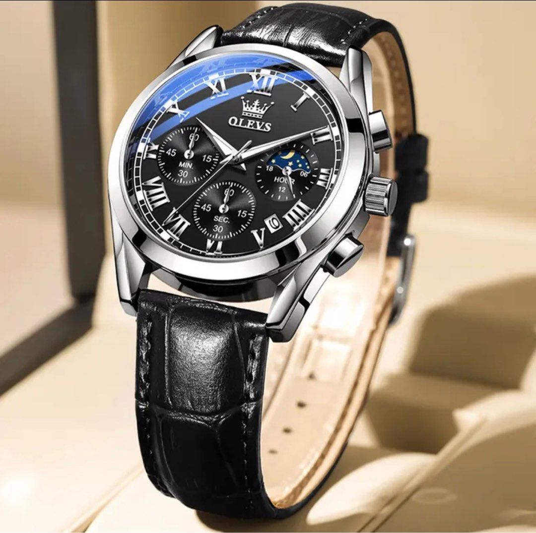 Olevs Dress Watch Stainless Steel Leather Chronograph