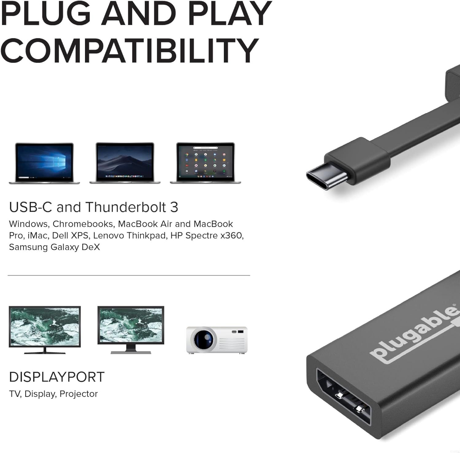 Plugable USB C to DisplayPort Adapter 4K 60Hz, Thunderbolt 3 to ...
