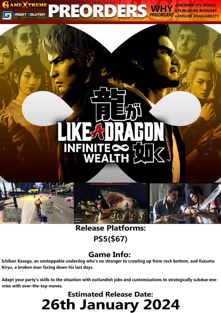 PREORDER] PS5 LIKE A DRAGON INFINITE WEALTH, Video Gaming, Video Games,  PlayStation on Carousell