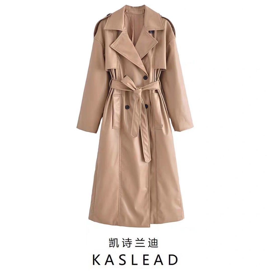 PU leather Beige Winter Autumn Trench Coat Women s Fashion Coats