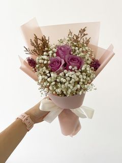 Purple rose with baby breath birthday bouquet