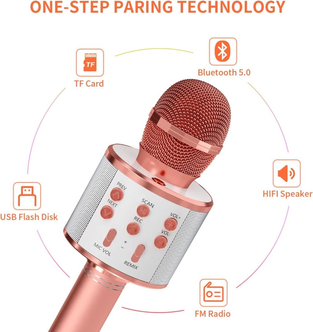 Wireless Bluetooth Karaoke Microphone for Kids, 5-in-1 Portable Handheld  Karaoke Mic Speaker Player Recorder with Adjustable Remix FM Radio for Kids