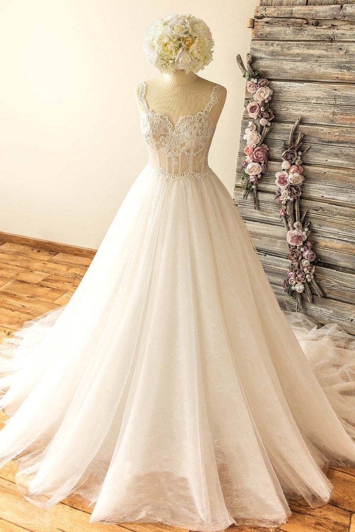 Scalloped Lace Straps Illusion Corset Long Train Ball Gown Bridal