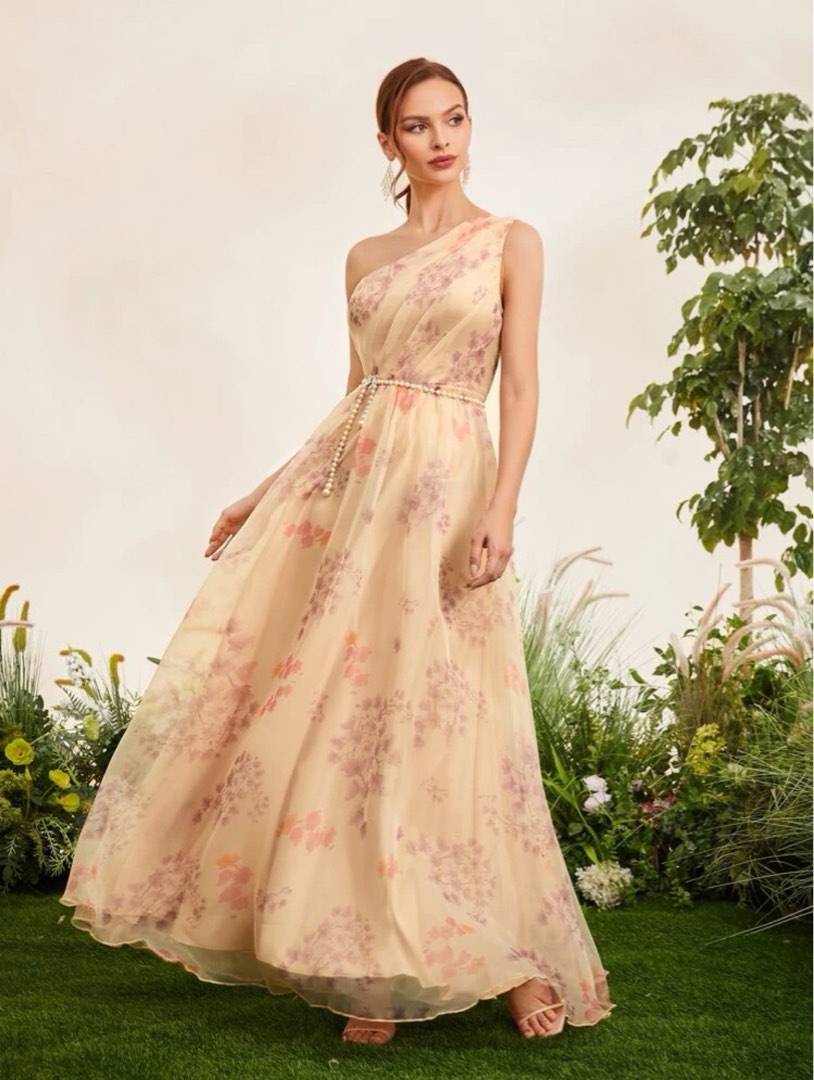 Shein Belle One Shoulder Floral Print Mesh Overlay Dress, Women's