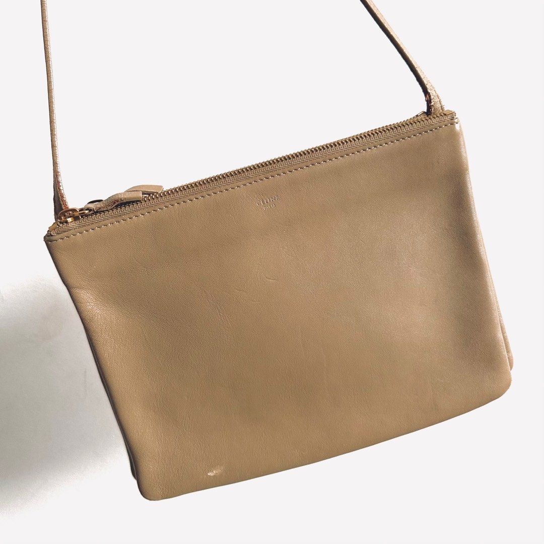 STEAL Celine Taupe GHW Large Trio Logo Shoulder Sling Bag