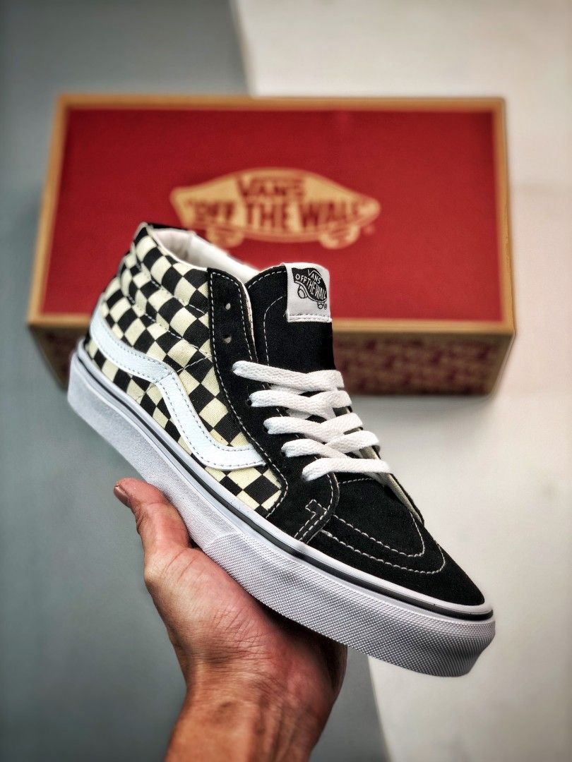 High top checkerboard vans cheap red