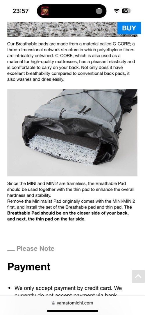 Yamatomichi 山と道山和道breathability pad 透氣背板背墊for mini