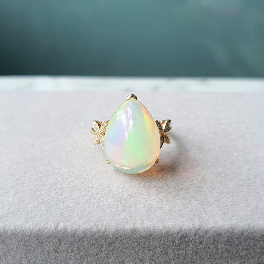 18K Solid Gold Ethopian Welo Opal Diamonds Ring Women s Fashion