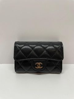 全新 Chanel 香奈兒 黑金 金釦 荔枝牛皮單層卡包 零錢包 口蓋皮夾 卡夾（AP0214）