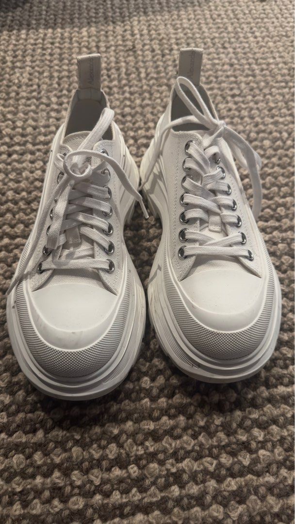 Alexander Mcqueen Womens Tread US8.5 (Category: Sneakers) located in Quezon City. Submitted by brandeditemsforless (Listing ID 1263874169, Image 2). Description: 🖤White Alexander Mcqueen Tread Low US 8.5 Womens 🖤Guaranteed Original. FAKES are not allowed!!!! 🖤 Costs P50,000 at ZALORA 🖤Complete with box, card, extra lace,dust bag. 🖤 Used once. Wet wipes lang po and bagong bago na ulit. Could pass as NEW. 🖤 Guaranteed walang gasgas. 🖤Malinis
