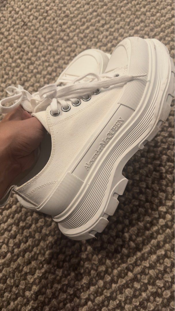 Alexander Mcqueen Womens Tread US8.5 (Category: Sneakers) located in Quezon City. Submitted by brandeditemsforless (Listing ID 1263874169, Image 3). Description: 🖤White Alexander Mcqueen Tread Low US 8.5 Womens 🖤Guaranteed Original. FAKES are not allowed!!!! 🖤 Costs P50,000 at ZALORA 🖤Complete with box, card, extra lace,dust bag. 🖤 Used once. Wet wipes lang po and bagong bago na ulit. Could pass as NEW. 🖤 Guaranteed walang gasgas. 🖤Malinis