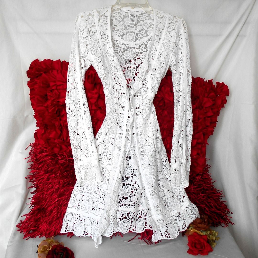 Authentic Lacy DVF Diane von Furstenberg White Rose Floral Lace Eyelet Work Cocktail Party Dress Jacket Coat
