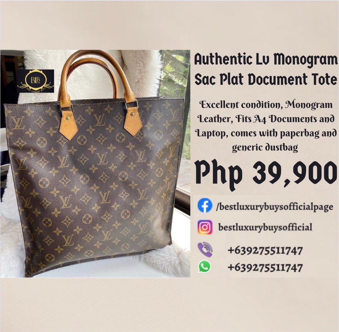 Authentic Louis Vuitton Lv Sac Plat Monogram Laptop Document Tote Bag,  Luxury, Bags & Wallets on Carousell