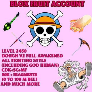 Blox Fruit, Level 2450, Awaken Dough, GodHuman, Cursed Dual Katana, Hallow scythe, Soul Guitar, Unverified Account