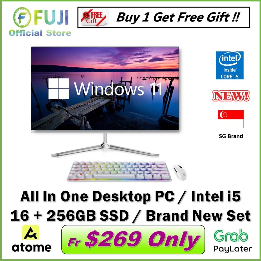 Brand New Fuji All In One intel i5 Desktop Win 11 Free MS Office SG Warranty 16GB RAM 256GB SSD Fast Boot Up Slim Design Store Promo