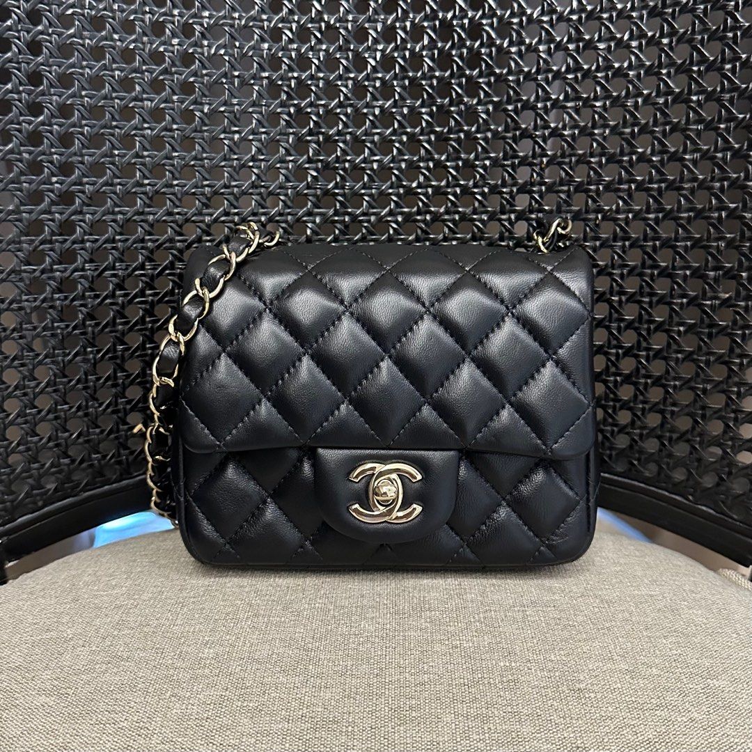 Chanel Classic Mini Square Black SHW Lambskin, Luxury, Bags