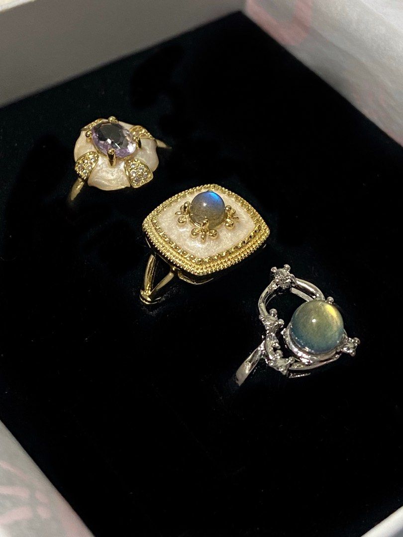 Crystal rings purple amethyst blue moonstone grey moonstone