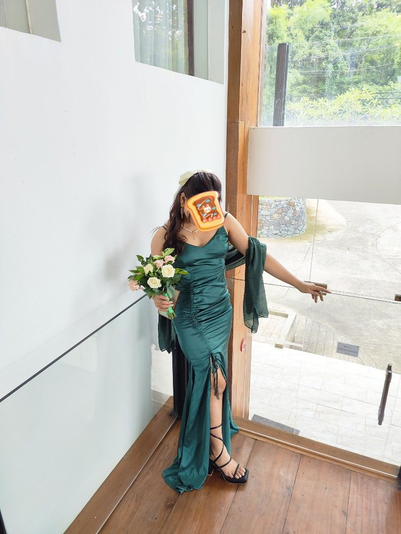Emerald green satin long dress shop