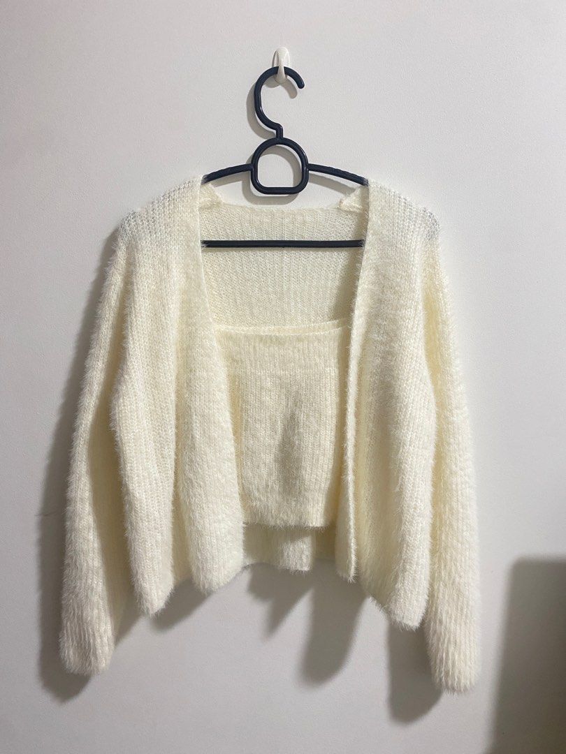 White fuzzy cardigan cheap