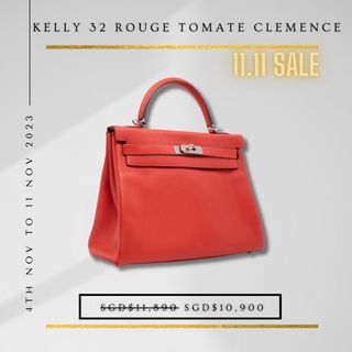Hermes GHW Kelly 32 Shoulder Handbag Clemence Leather Rouge Tomate Red