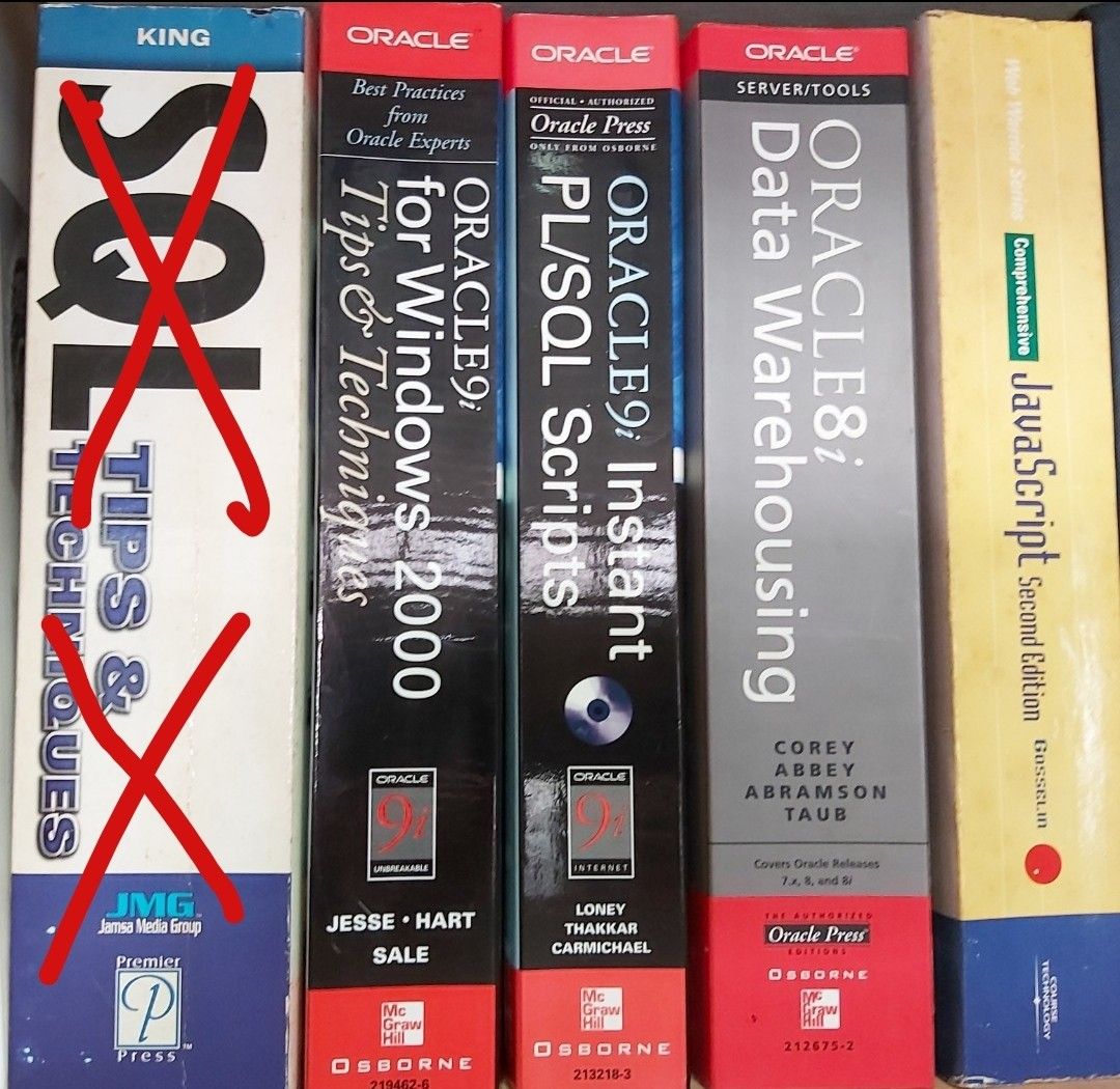 IT BOOKS - ORACLE, JAVA, SQL (Category: Assessment Books) located in Singapore. Submitted by mufinn (Listing ID 1017219039, Image 1). Description: IT BOOKS JAVA SCRIPT -$15 ORACLE DATA WARHOUSING- $10 ORACLE PL/SQL -$10 ORACLE TIPS -$10 SQL TIPS -$18 SOLD.