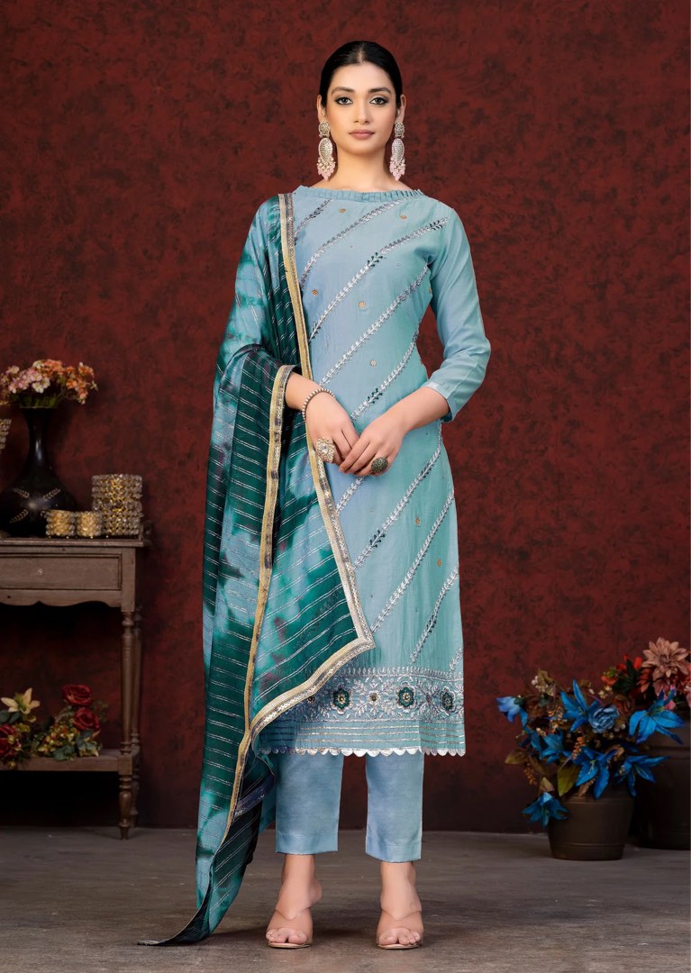 Saatvikei Nandini - Sky Blue Kurta with Palazzo and Dupatta (Set of 3)