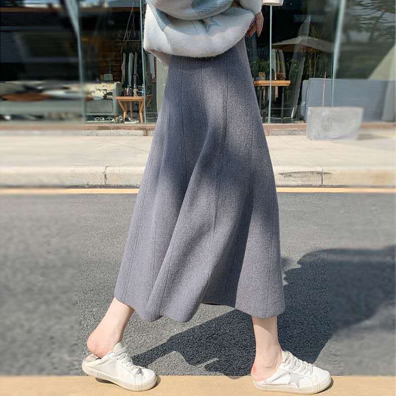 New Grey Knitted skirt long Korean style a line skirt elastic high waist wool skirt