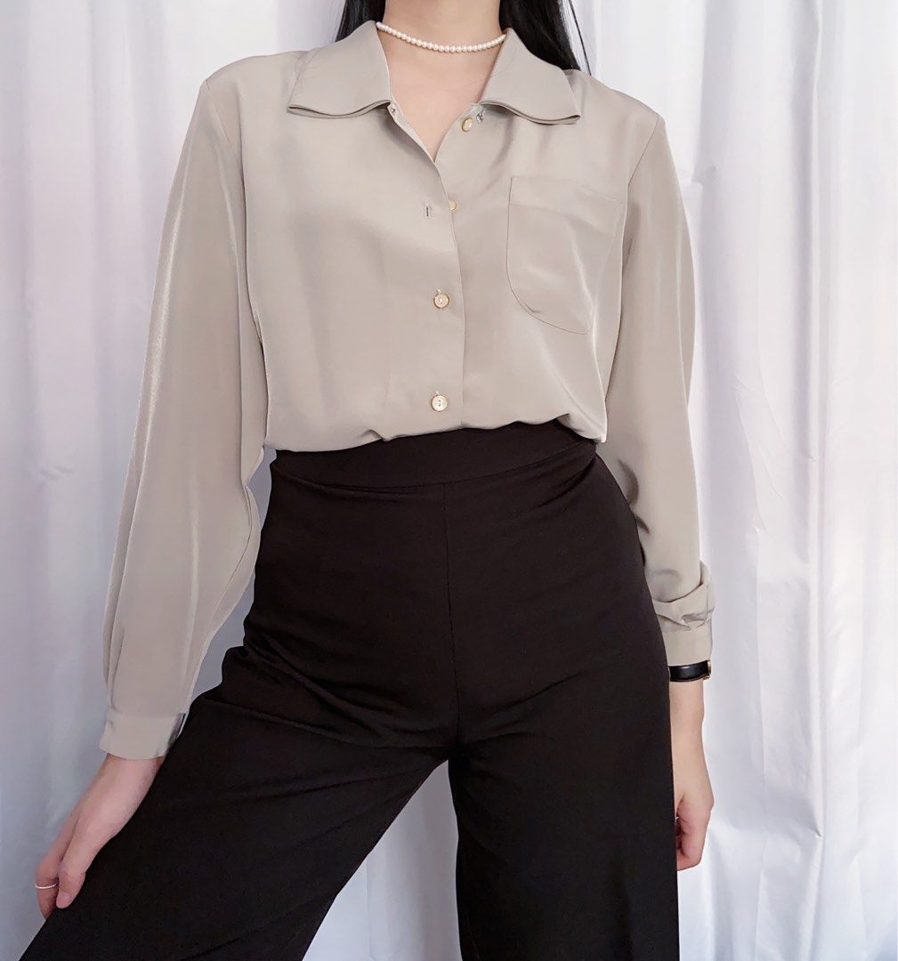 Olive Green Oversized Satin Women Workwear Office Attire Classic