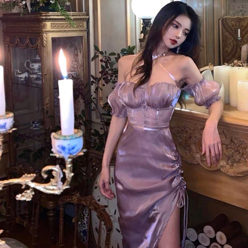 PO Purple off shoulder halter top runched dress evening party prom birthday
