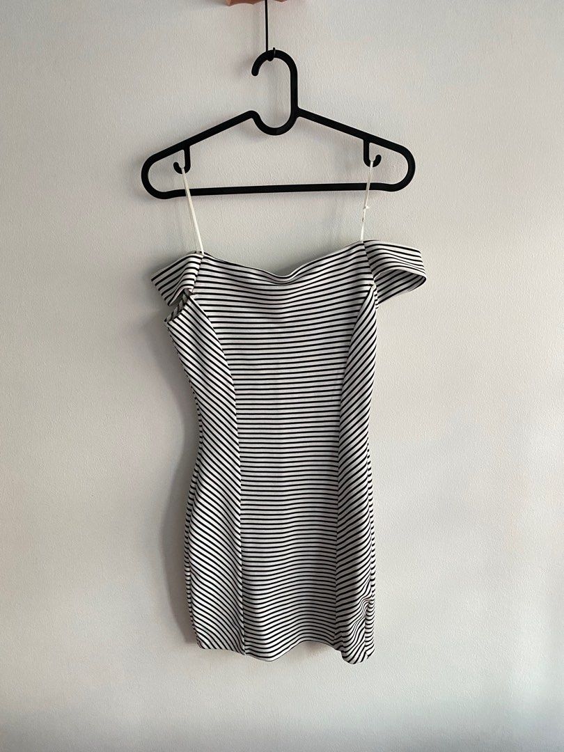princess polly baby blue dress ASOS DESIGN off shoulder long sleeve with lace trim mini dress in black and  white stripe main image 1