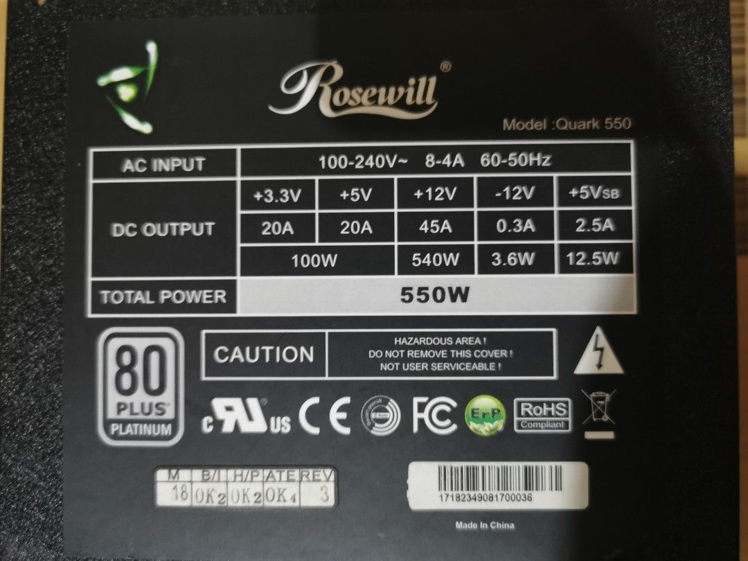 Rosewill Quark 550w Fully Modular ATX PSU, 80+ Platinum (Category: Other Accessories) located in Mandaluyong City. Submitted by lloyddunamis (Listing ID 1263809969, Image 2). Description: RFS: Suspected cause of our MSI B350M Mortar Arctic motherboard made to inconsistently work (5% turns on in trials). Unable to RMA & back due to international shipping cost exceeding the product price. PSU tester & its own LEDs indicate it still works, but I'm n