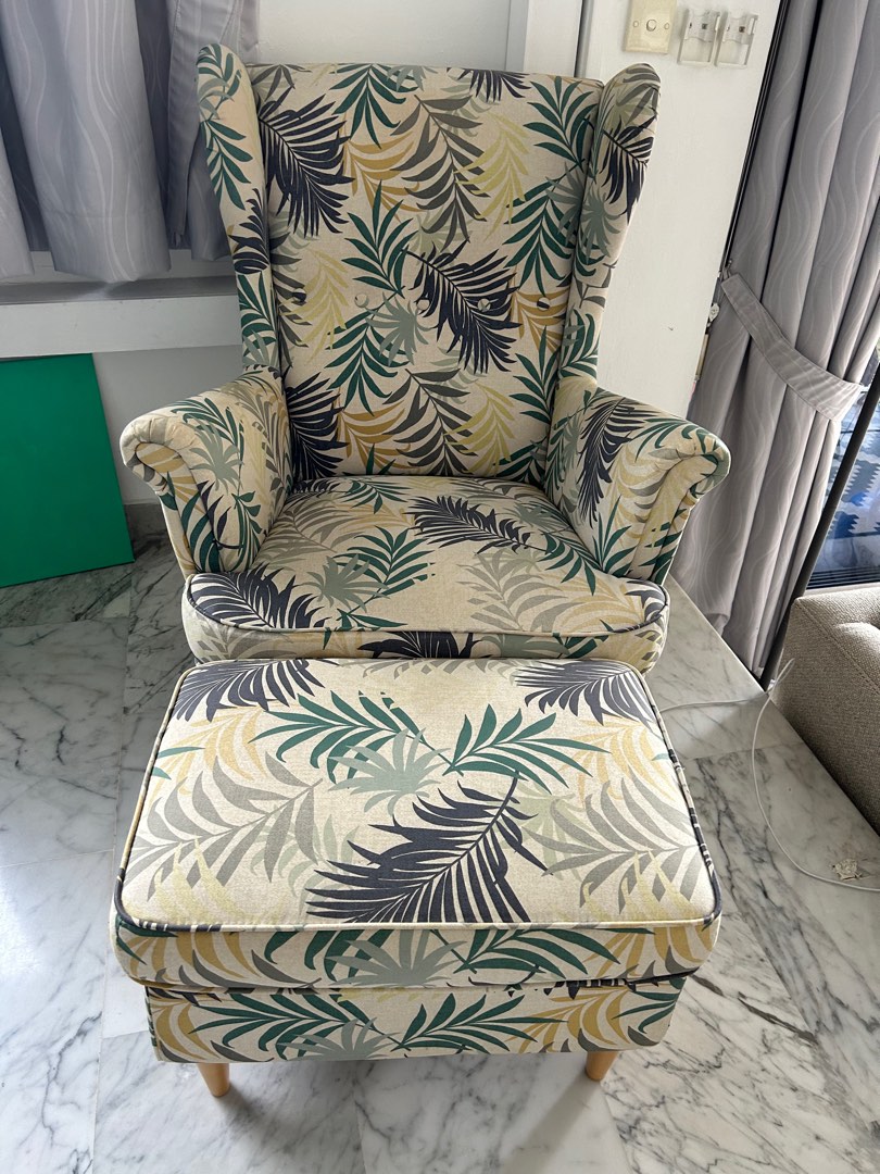 Strandmon Ikea wingback chair ottoman in tropical print
