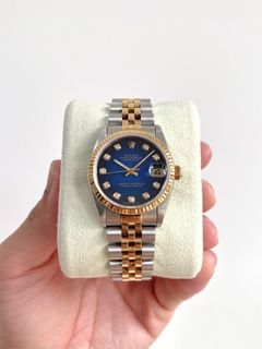 (Full Set) Rolex Datejust Midsize Boy 31 18k Half Gold Blue Vignette Diamonds Ref. 68273