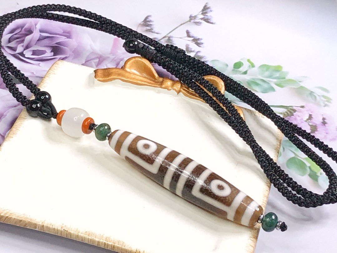 Tibetan Dzi Beads Dimen Four Eyed Dzi Beads Necklaces 藏传老矿高油地门四眼天珠项链  59.7x13mm