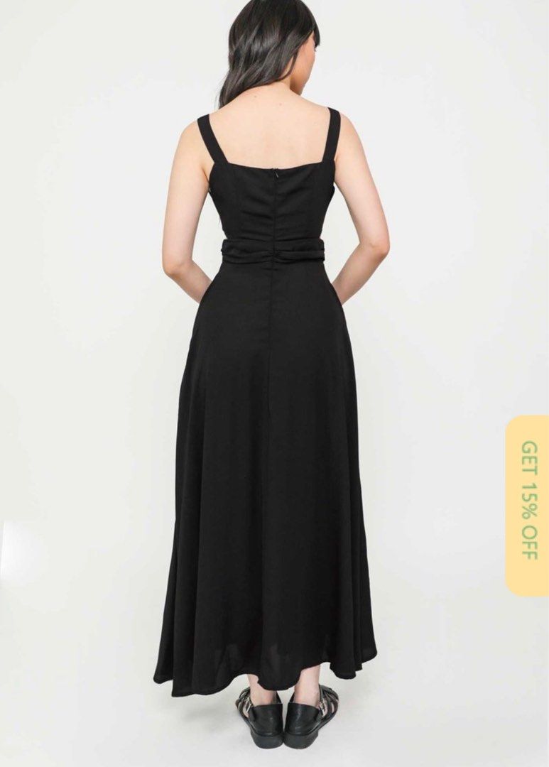 Krista Asymmetrical Strap Midi Dress (Black)