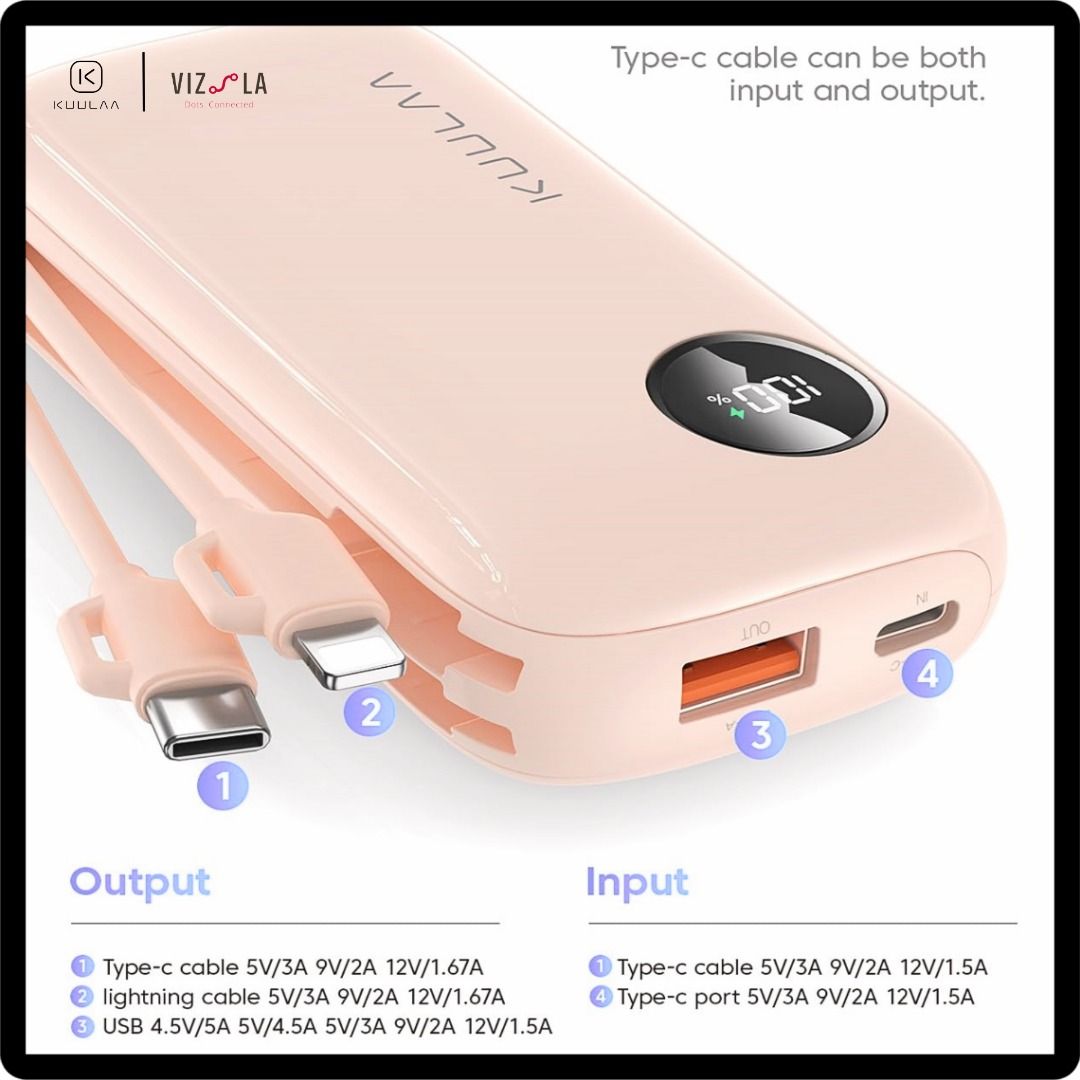 Vizsla SG  KUULAA Premium Power Bank 10000mAh 22.5W Fast Charge for iOS  and Android with Built-in Cables, Mobile Phones & Gadgets, Mobile & Gadget  Accessories, Power Banks & Chargers on Carousell