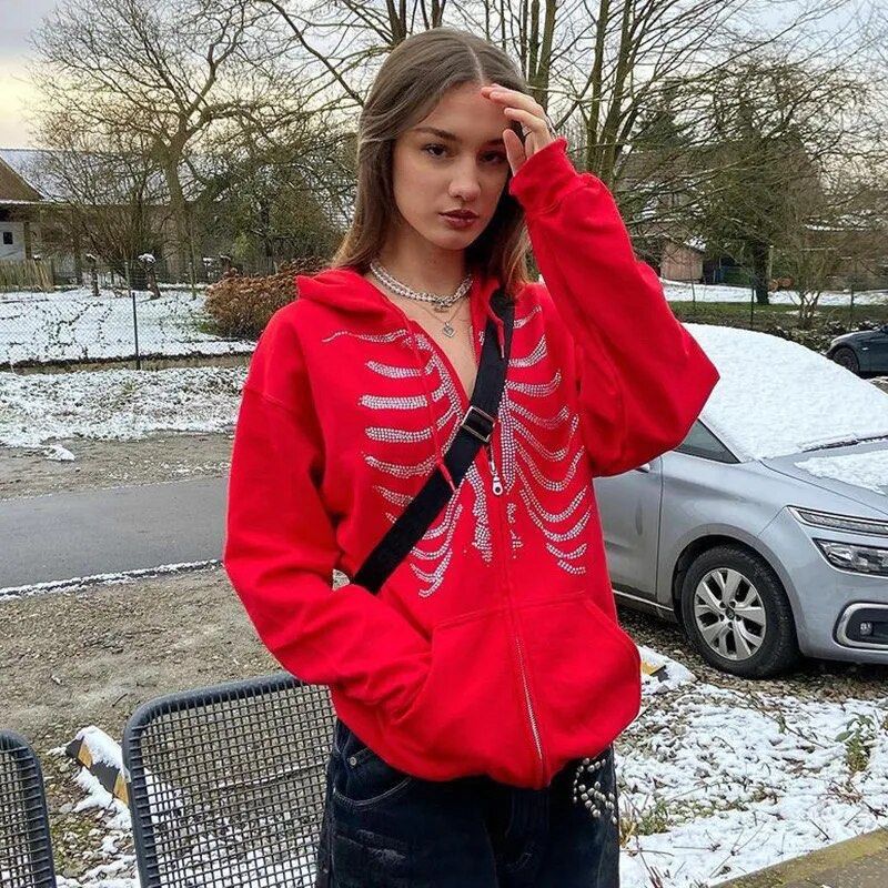 Y2K red rhinestone skull zip up hoodie Women s Fashion Coats