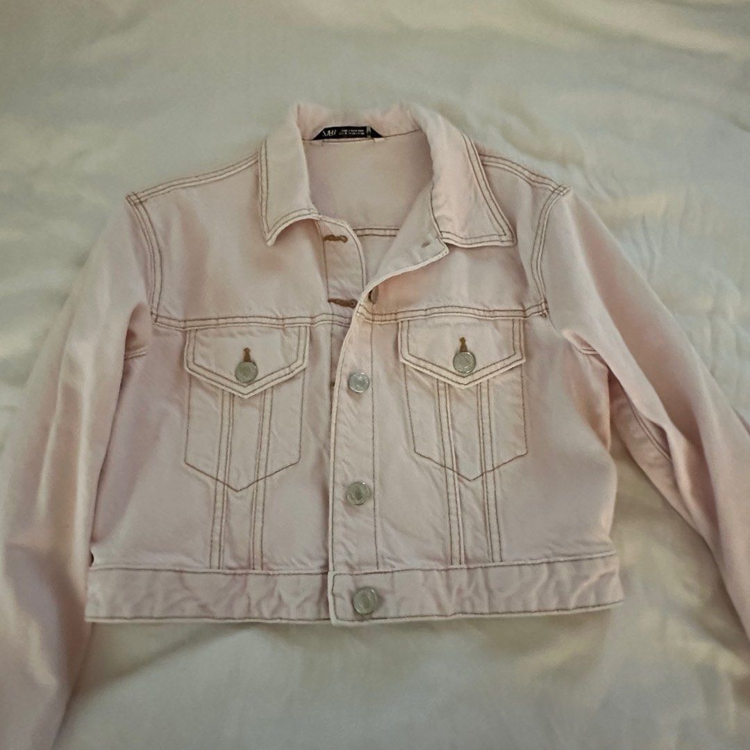 Baby pink cheap cropped denim jacket