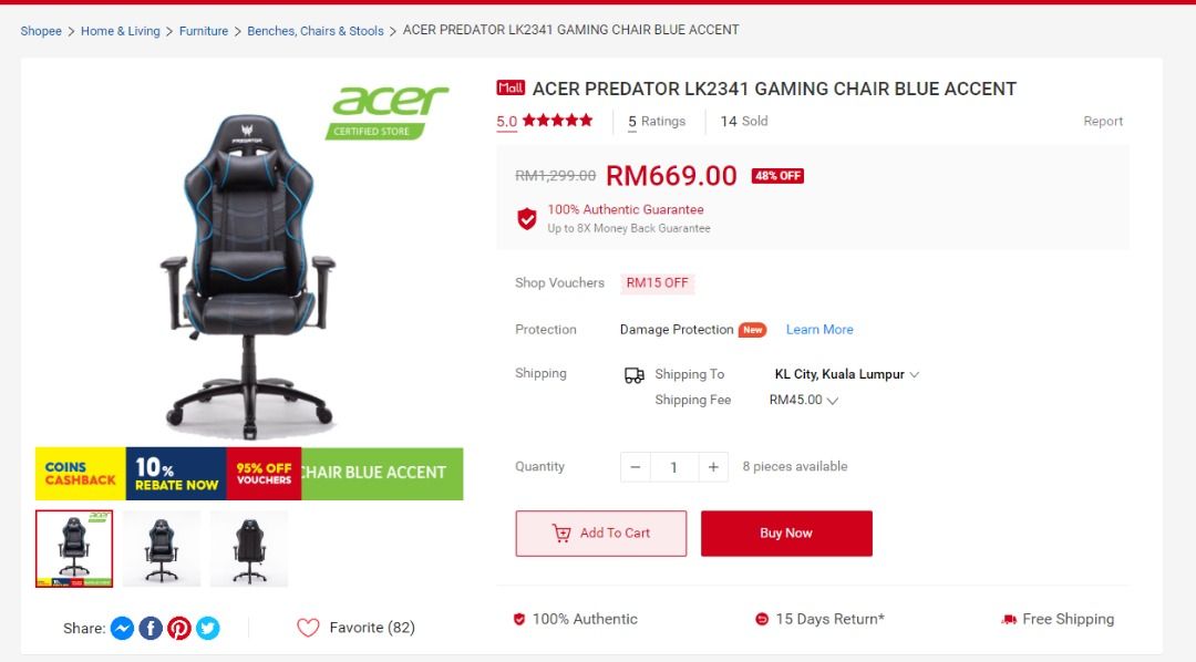 Acer Predator LK2341 Gaming Chair, Furniture & Home Living, Furniture