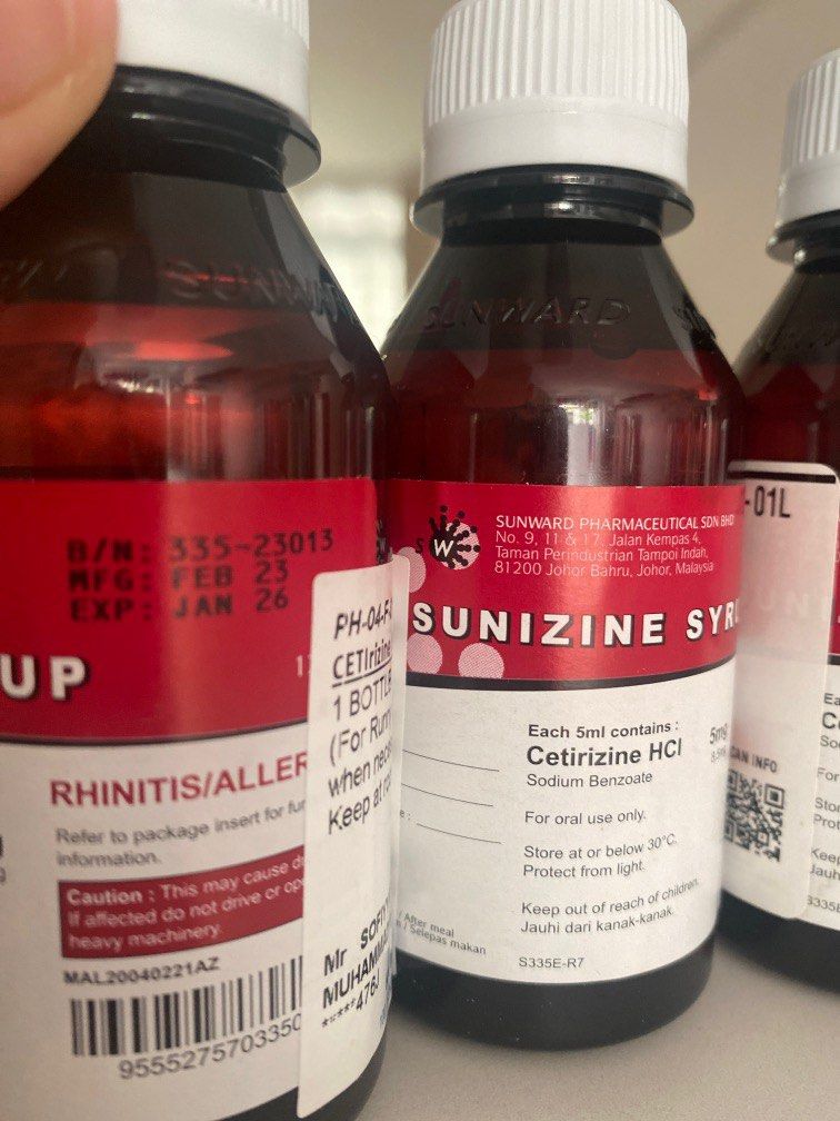 Anti Histamine Sunizine syrup, Health & Nutrition, Medical Supplies & Tools on Carousell