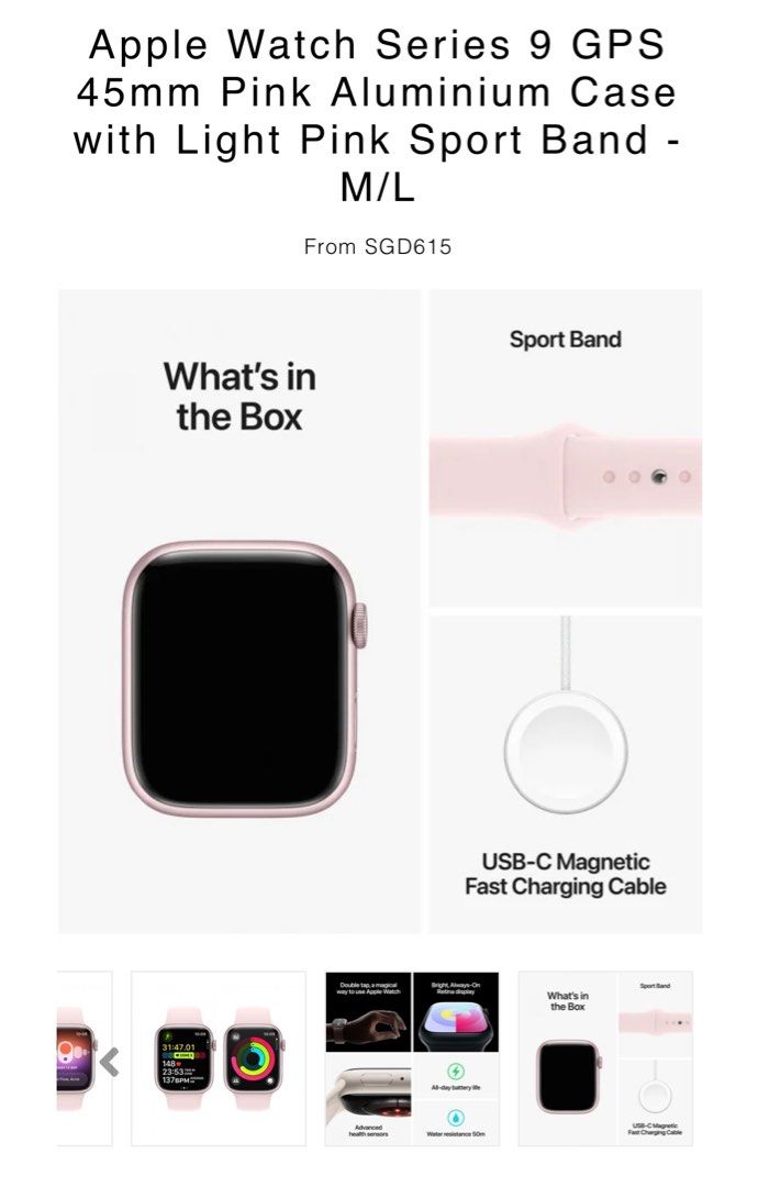 Apple Watch Series 9 GPS, 41mm Pink Aluminum Case with Light Pink Sport  Band - S/M
