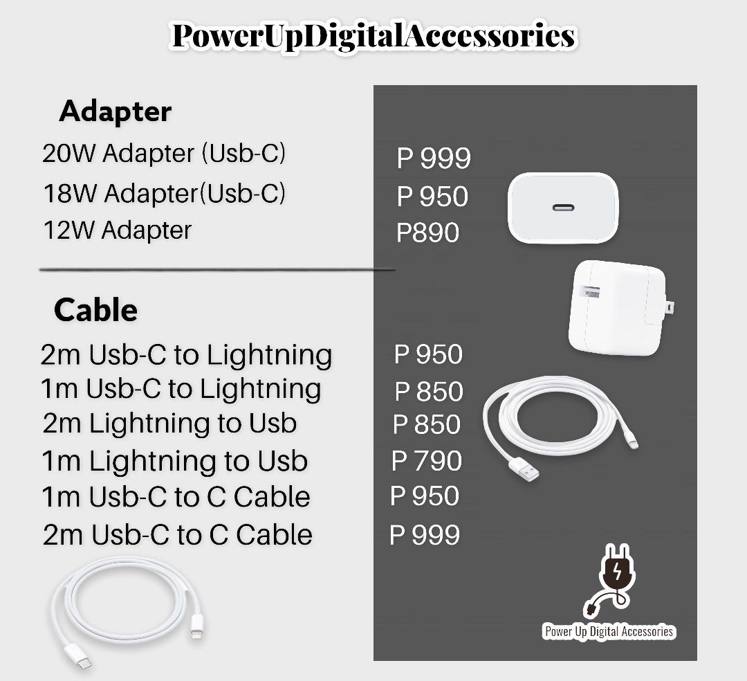 Authentic Apple☑️iPhone 20W USB C Adapter Type C Charger iPad (Category: Chargers & Cables) located in Quezon City. Submitted by camille96 (Listing ID 1263930042, Image 3). Description: Original Apple Guaranteed ☑️ PRICE LIST Adapter •20 watts adapter-999php •18 watts adapter- 950php •12 watts adapter- 850php Cable •Usb-C to Lightning(Type C Cable)- 850php •1m cable Lightning to Usb- 790php •2m cable Lightning to Usb- 850php •Usb-C to C Cable(1m)