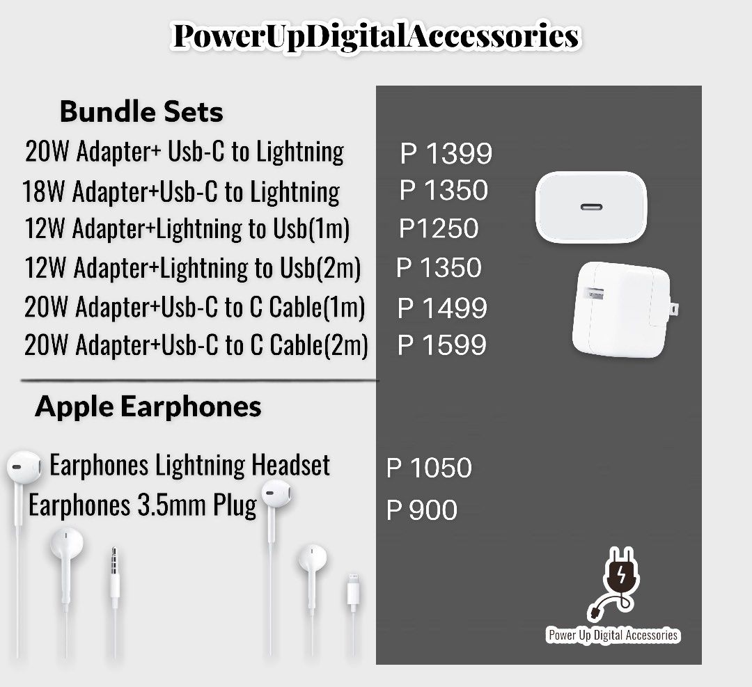 Authentic Apple☑️iPhone 20W USB C Adapter Type C Charger iPad (Category: Chargers & Cables) located in Quezon City. Submitted by camille96 (Listing ID 1263930042, Image 2). Description: Original Apple Guaranteed ☑️ PRICE LIST Adapter •20 watts adapter-999php •18 watts adapter- 950php •12 watts adapter- 850php Cable •Usb-C to Lightning(Type C Cable)- 850php •1m cable Lightning to Usb- 790php •2m cable Lightning to Usb- 850php •Usb-C to C Cable(1m)
