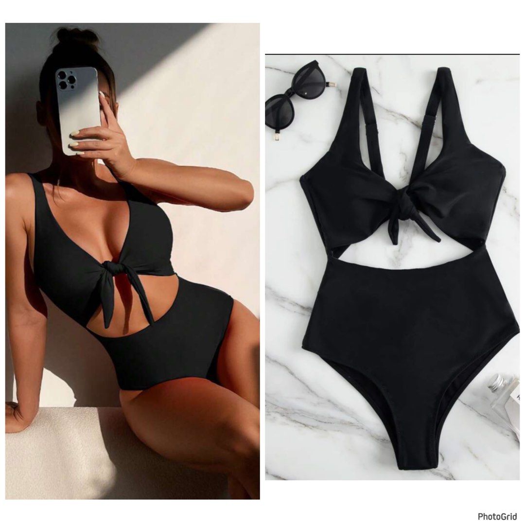 Shein Black Cutout Knot Swimsuit S (Category: Bikinis & Swimsuits) located in Pasig City. Submitted by fashionforward16 (Listing ID 1259731902, Image 1). Description: New with Hygienic Liner. Size Small, further size details in the photo slide. Models pics from website reviews (are not mine)..