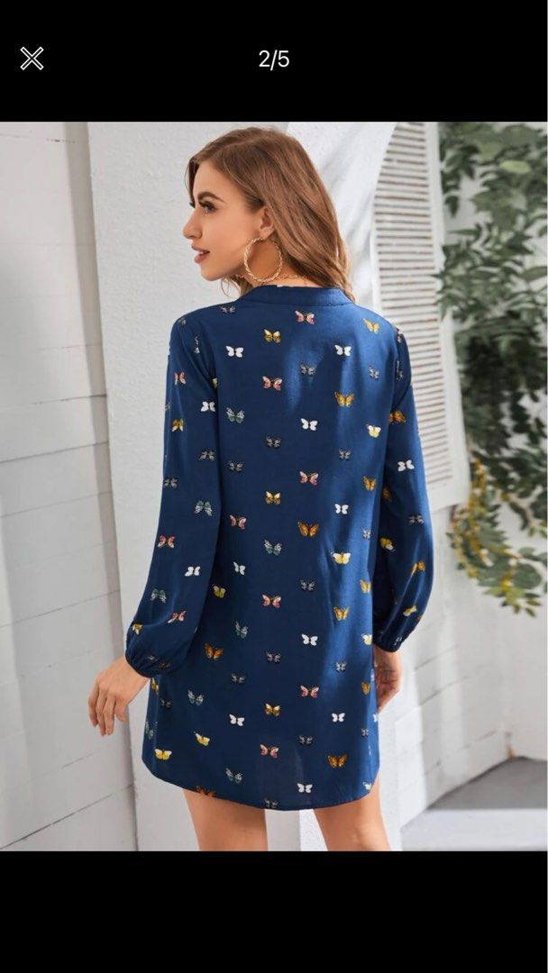 Butterfly Print Notch Neck Dress