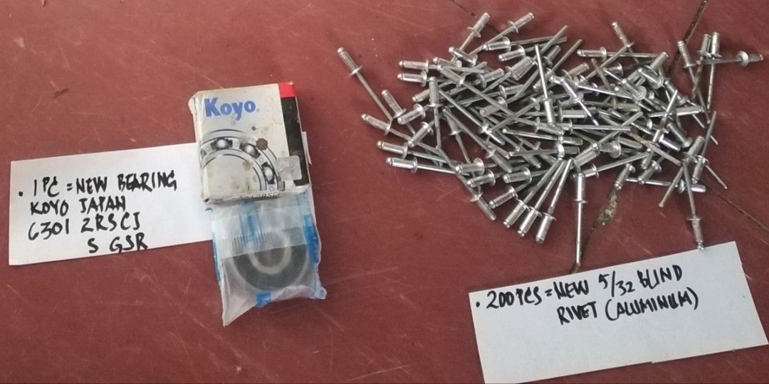 Car Accessories (Category: Other Automotive Parts and Accessories) located in Taguig. Submitted by juls0607 (Listing ID 1264008610, Image 2). Description: 5 items for only Php1, 300.00 1. Radiator fan motor in good condition /unused 2. New 4pcs NGK R spark plug, Japan 3. 2pcs front bumper besel 4. New 200pcs 5/32 blind rivet (aluminum) 5. New 1pc bearing Koyo Japan 6301 2RSCJ Negotiable MOP: COD, remittances & BPI online deposit. Buyer will shoul
