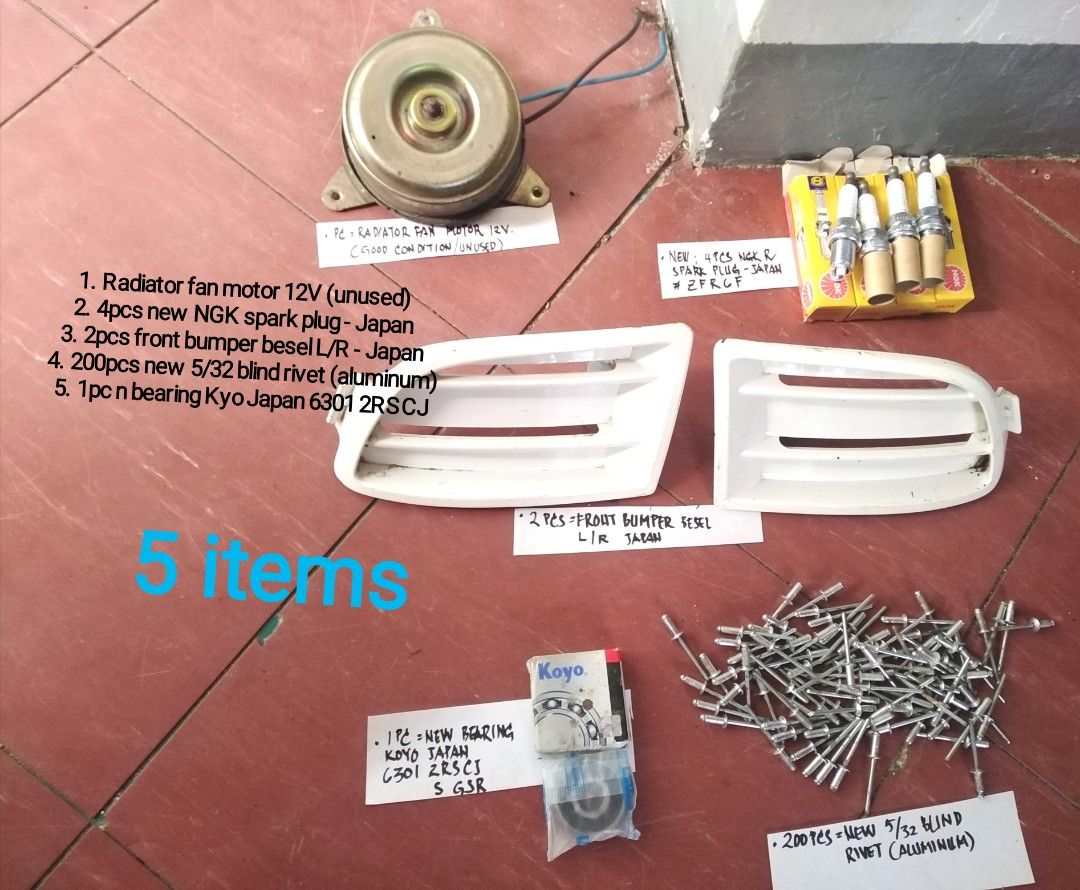 Car Accessories (Category: Other Automotive Parts and Accessories) located in Taguig. Submitted by juls0607 (Listing ID 1264008610, Image 1). Description: 5 items for only Php1, 300.00 1. Radiator fan motor in good condition /unused 2. New 4pcs NGK R spark plug, Japan 3. 2pcs front bumper besel 4. New 200pcs 5/32 blind rivet (aluminum) 5. New 1pc bearing Koyo Japan 6301 2RSCJ Negotiable MOP: COD, remittances & BPI online deposit. Buyer will shoul